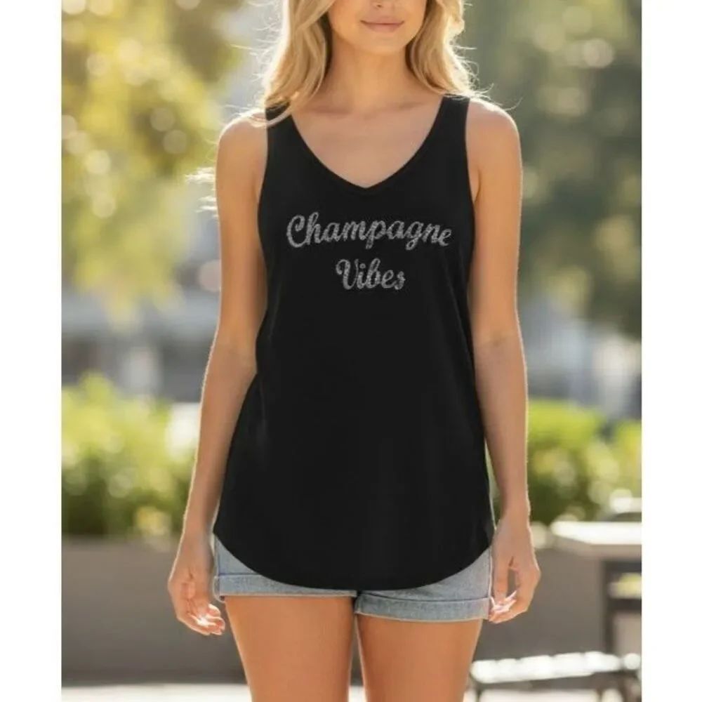 A New Approach ANA Black Tank Top Womens Size S Glitter Champagne Vibes Vneck
